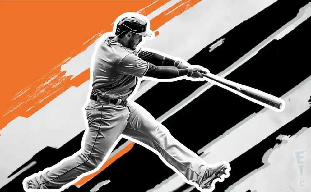 A baseball player swings a bat, silhouetted against an abstract background of orange and black brush strokes.