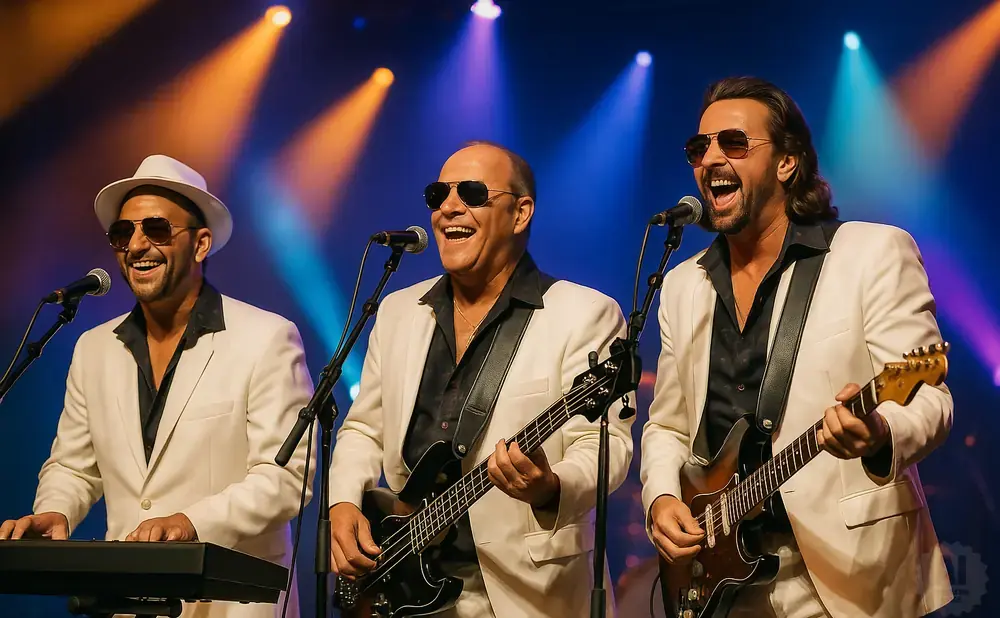A band of three men in white suits and sunglasses sing and play instruments on a stage with orange and blue lighting.