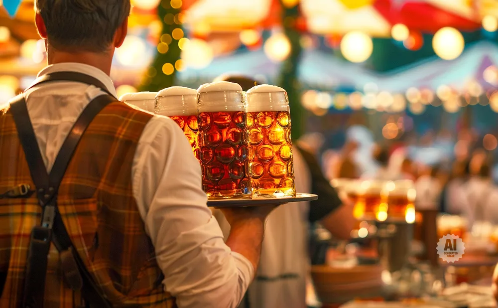 A server in a plaid vest carries a tray of frothy beer steins at an outdoor festival.