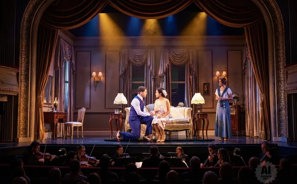 A couple sits on a couch on stage with a third person standing behind them.