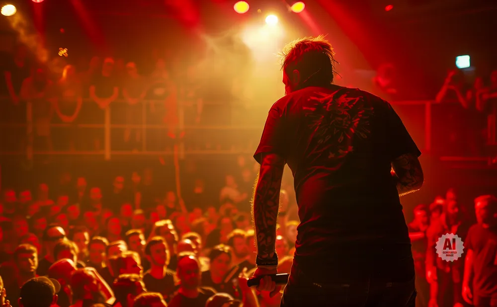A performer with tattoos on their arm stands on a stage, holding a microphone, with a cheering crowd visible in the red-lit background.