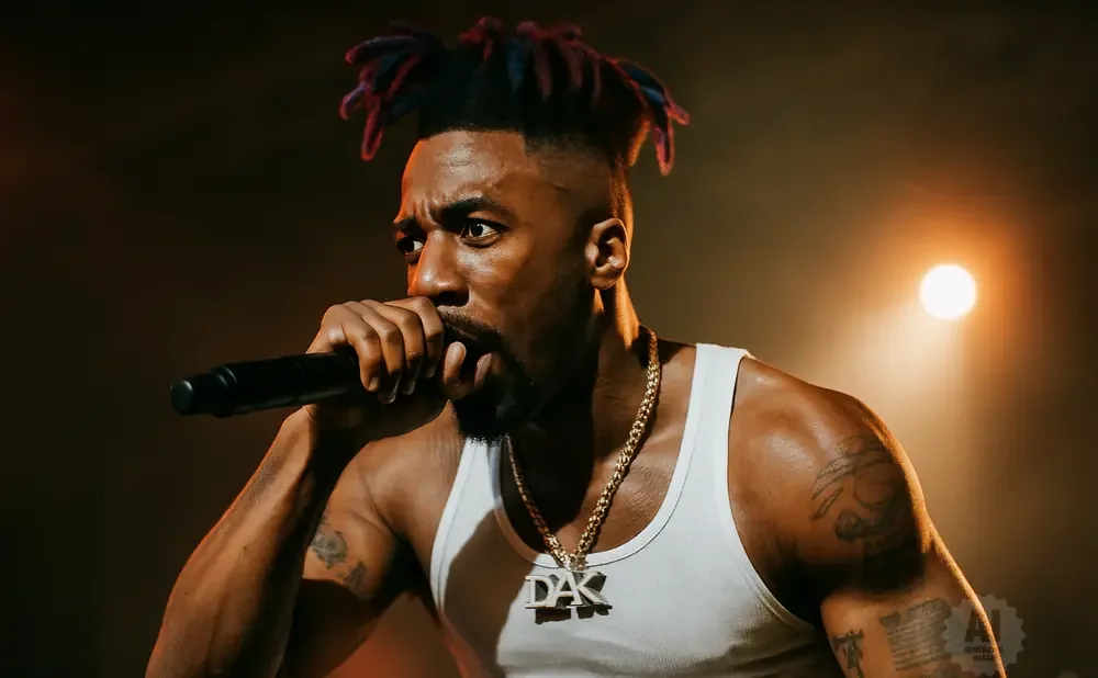 Rapper performs on stage in a white tank top, holding a microphone and wearing a gold chain with 