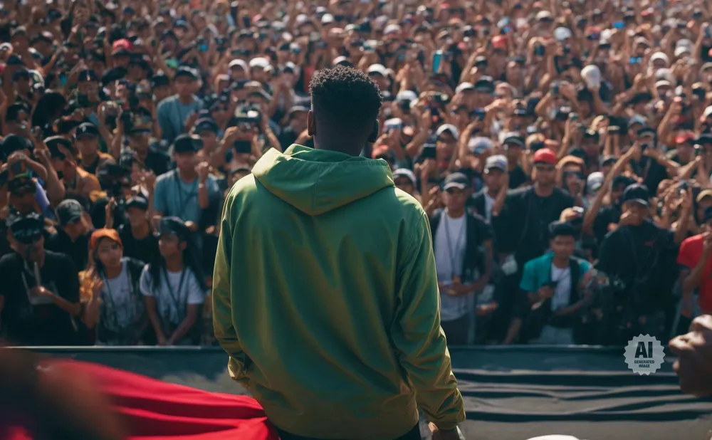 Man in a green hoodie on stage with a large cheering crowd behind him.