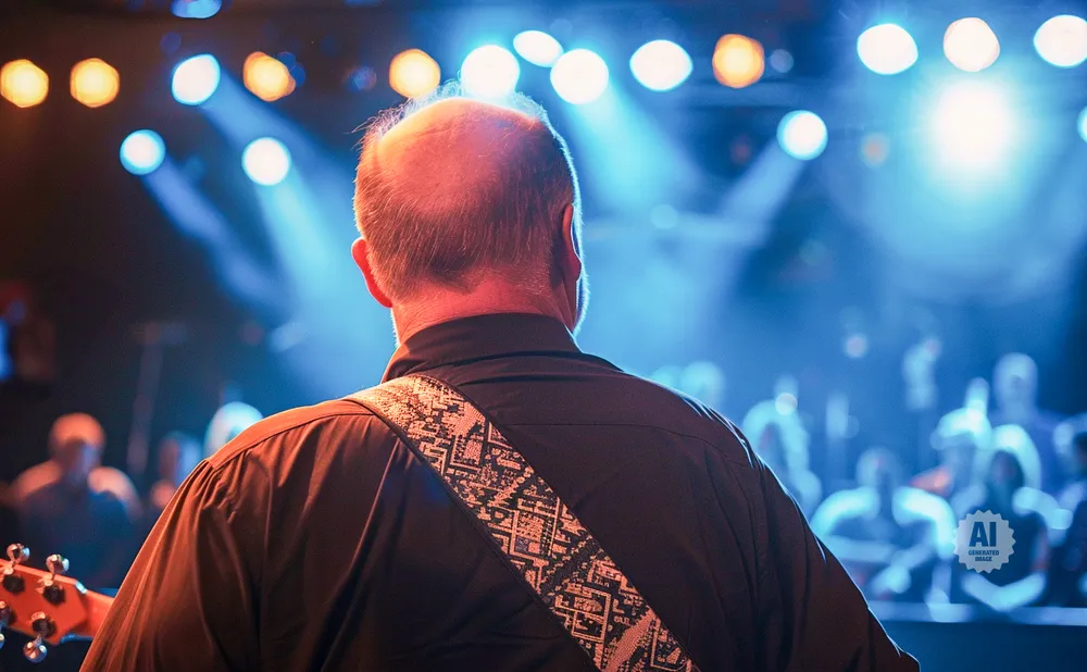 Guitarist on stage with audience and stage lights in the background.