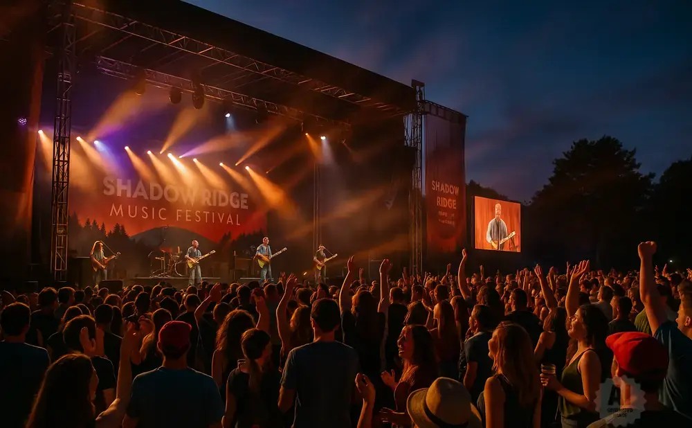 A band performs on stage at the Shadow Ridge Music Festival at dusk, with a large crowd in the foreground.