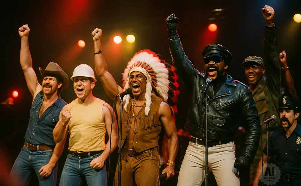 A diverse group of men in various costumes, including a cowboy, construction worker, and Native American headdress, perform on stage with raised fists.