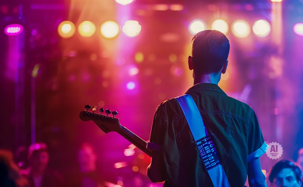 Guitarist on stage under colorful lights.