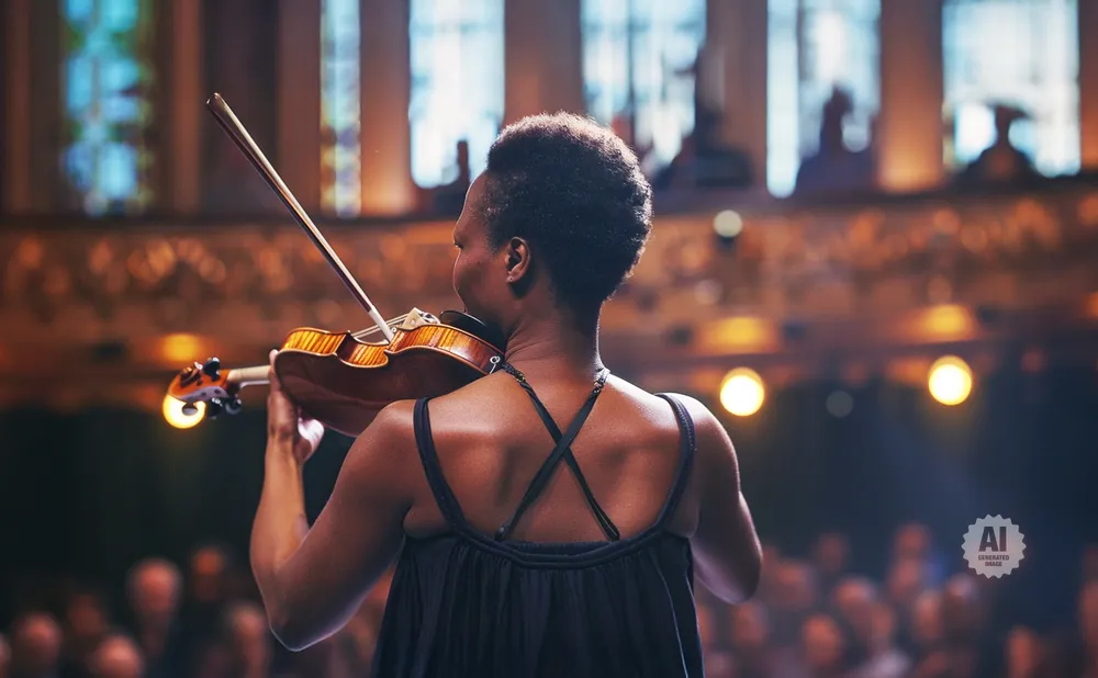 A woman plays the violin on stage, with a blurred audience in the background.