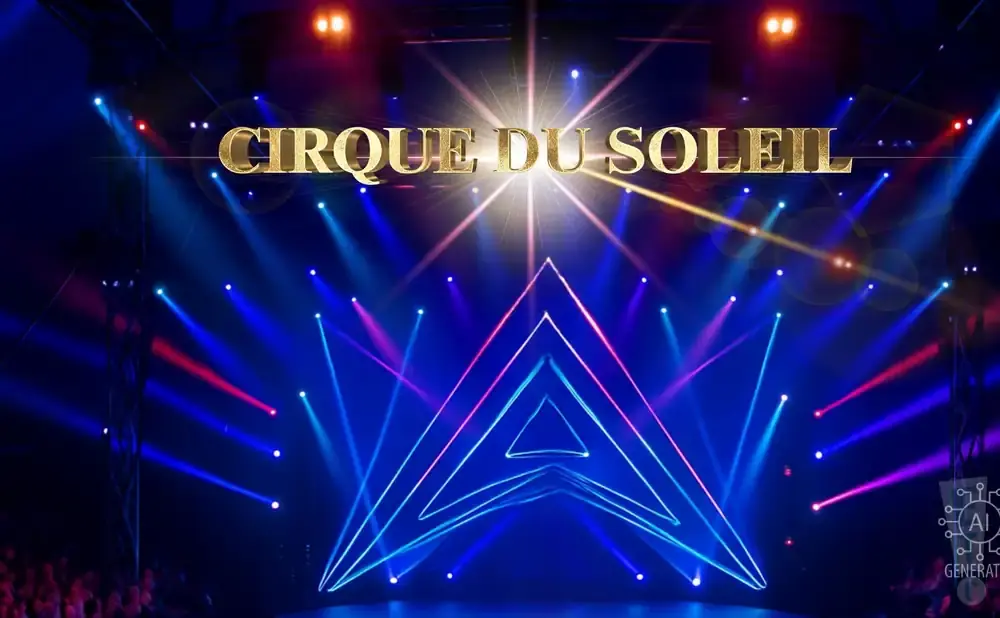 Cirque du Soleil logo with stage lights and a starry effect.