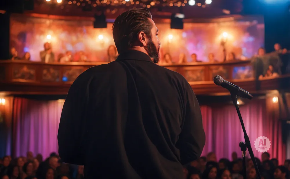 A man with a beard, facing away from the camera, stands on stage with a microphone in front of a seated audience.