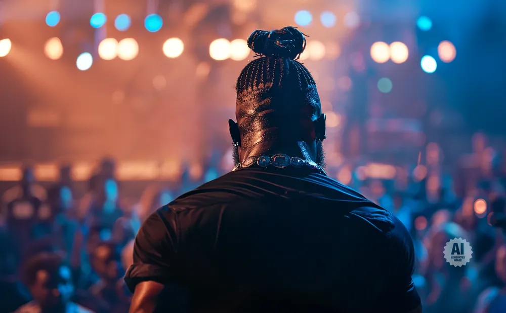 A man with braided hair pulled into a bun, wearing a black shirt and a large silver chain, faces away from the camera at a concert.