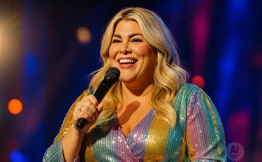 A woman with blonde hair smiles while holding a microphone and wearing a colorful sequined dress.