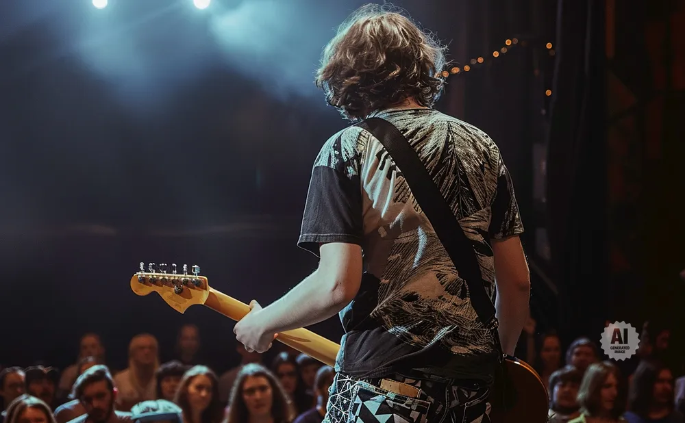 Guitarist on stage facing away from the camera, performing for a crowd in a dimly lit venue.