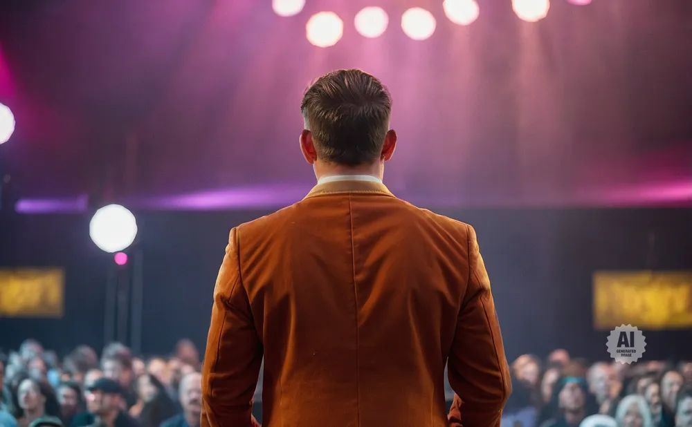 Man in a brown suit facing an audience under stage lights.