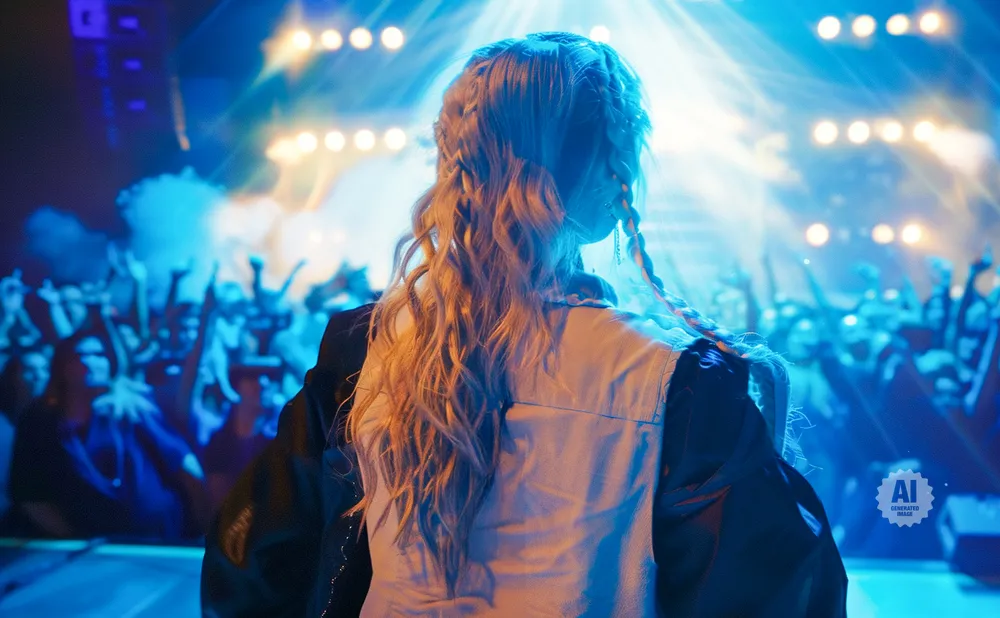 A person with blonde braided hair faces a concert crowd under bright stage lights.