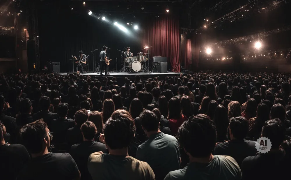 A band performs on a dark stage to a large, silhouetted audience.