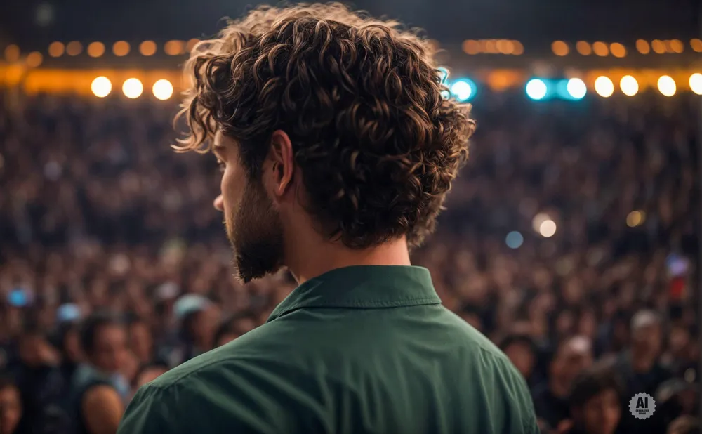 Man with curly hair in a green shirt facing a large, blurred crowd with stage lights in the background.