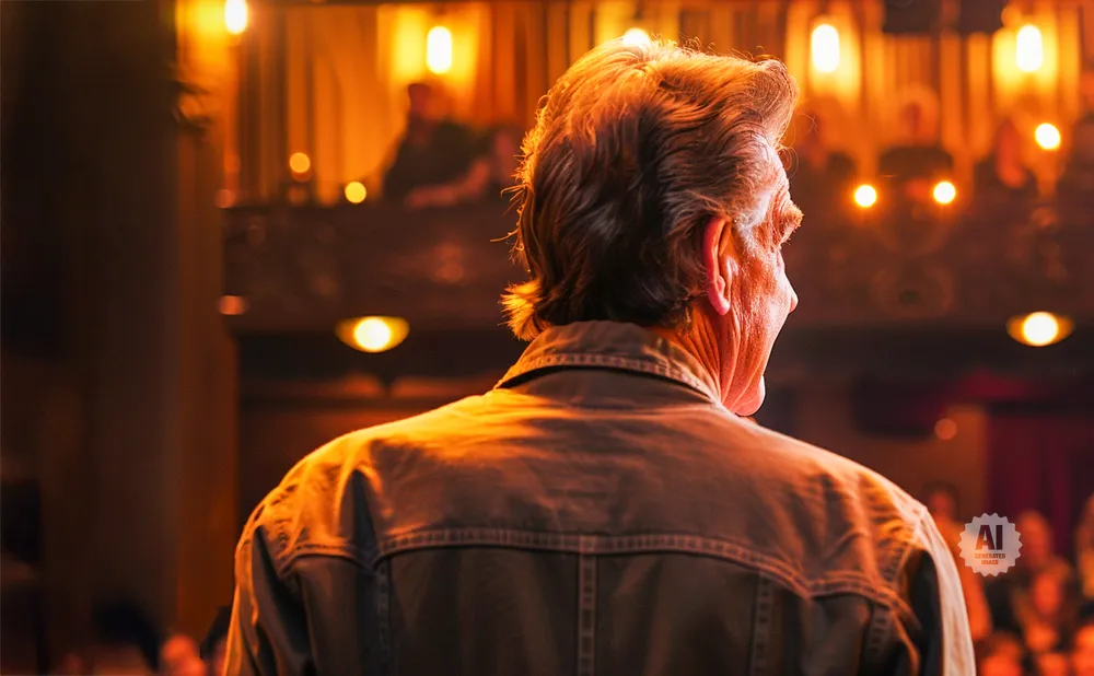 Man with slicked-back hair and a denim jacket, facing away from the camera, with a blurred audience and warm lighting in the background.