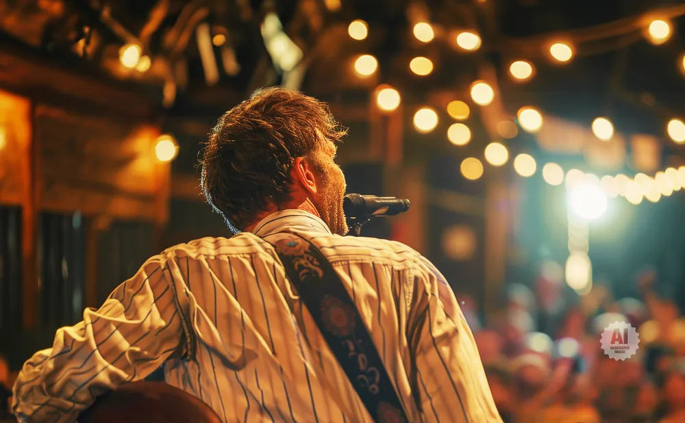 Man in a striped shirt playing guitar and singing into a microphone with bokeh lights in the background.