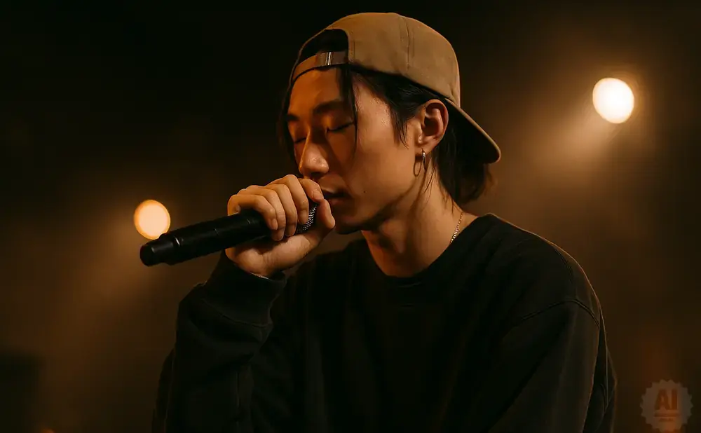 A person wearing a baseball cap and a dark sweater sings into a microphone, with soft lights in the background.