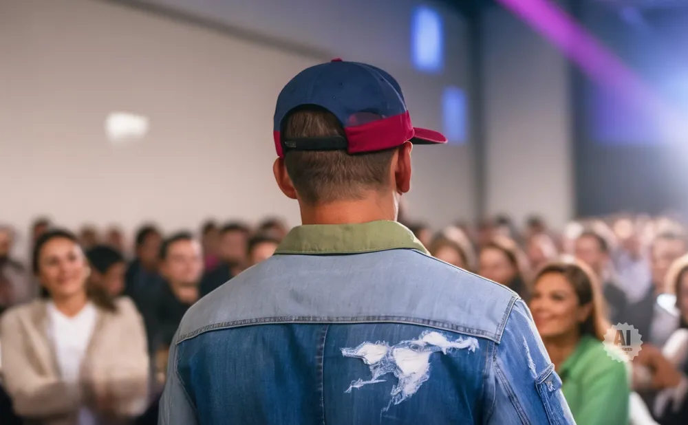 Man in a denim jacket and baseball cap faces away from the camera, speaking to an audience.