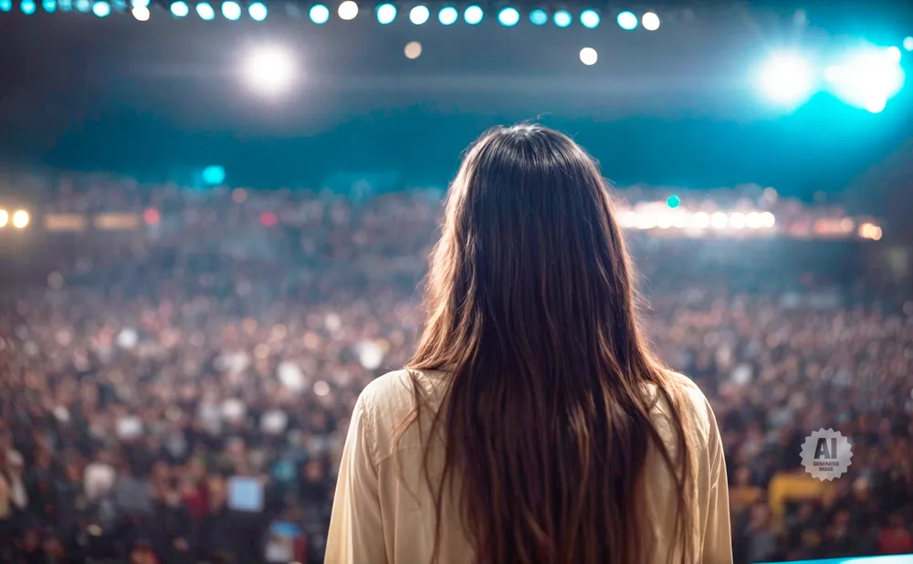 A person with long, dark hair stands facing away from the camera, looking out at a large, blurred audience in a brightly lit venue.
