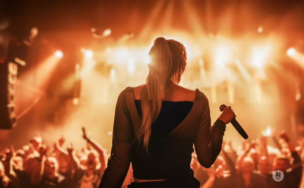 A singer holding a microphone on stage, with a blurred crowd in front and bright stage lights behind.
