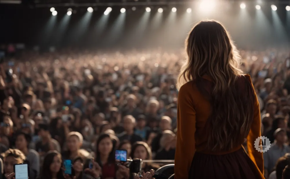 Woman with long blonde hair in an orange top facing a large cheering crowd at a concert.