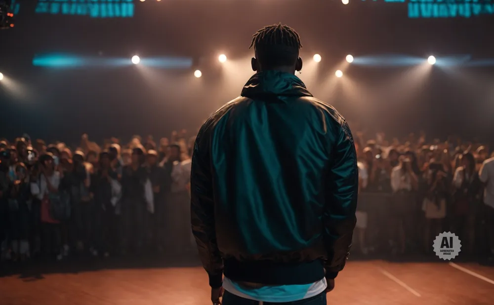 Man in a black jacket faces away from the camera, looking at a crowd of people in a dimly lit venue.