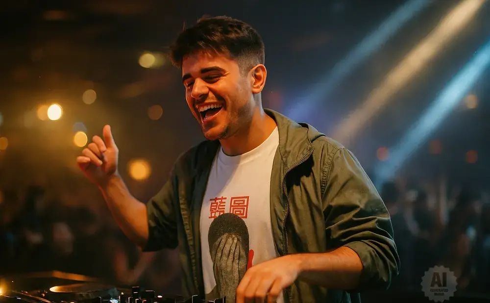 DJ with a wide smile in a green jacket, hands on the console, illuminated by stage lights.
