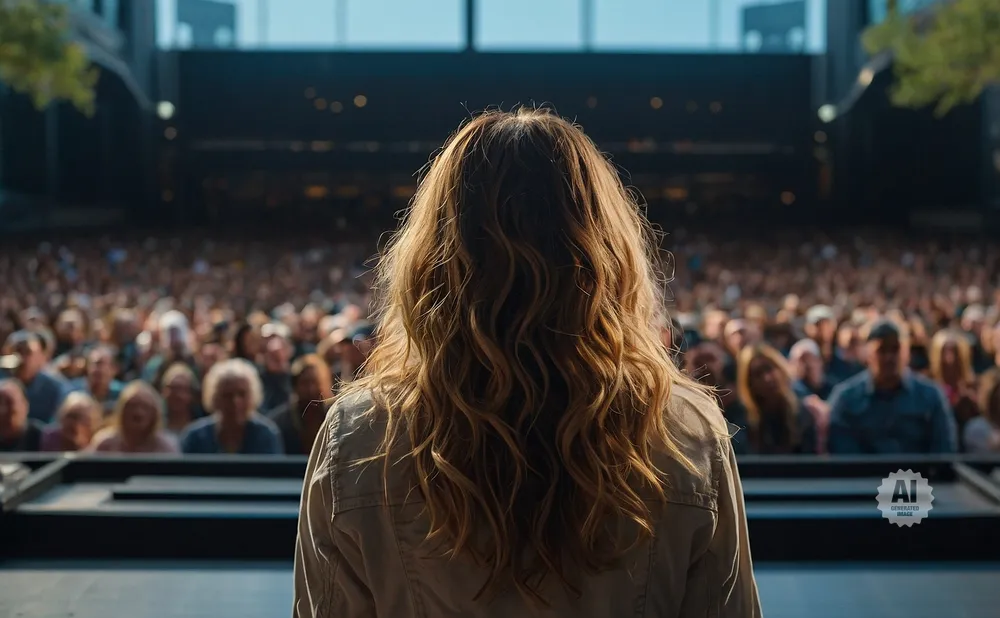 Woman with wavy blonde hair stands on stage facing a large, blurred audience.