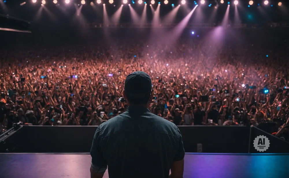 Man in a cap on stage facing a large, cheering crowd at a concert.