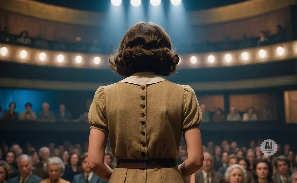 A young woman stands with her back to the camera, addressing a large audience in a theater.