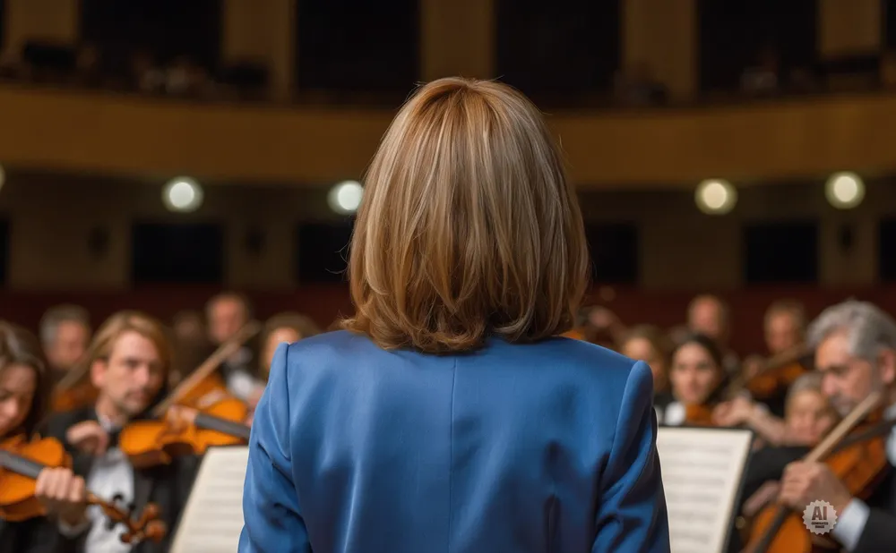 A conductor in a blue jacket faces an orchestra, with musicians playing violins in the background.