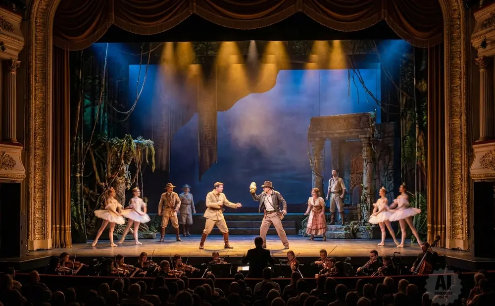 A stage play scene with actors in costumes, dancers, and an orchestra performing in a theater.