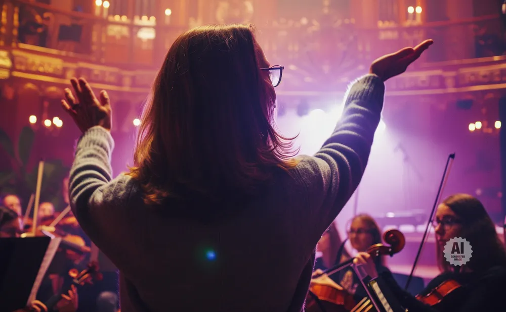 Conductor with arms raised, directing an orchestra in a dimly lit hall.