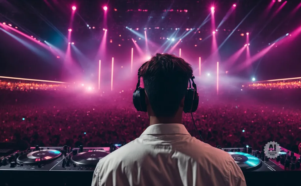 DJ wearing headphones plays music on turntables in front of a packed, brightly lit concert crowd.