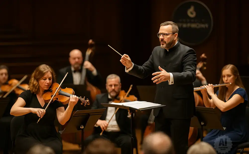 Conductor leads orchestra playing violins, flute, and cello.