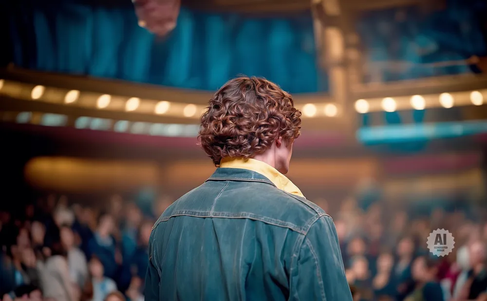 Man with curly hair in a denim jacket facing a blurred audience in a theater.