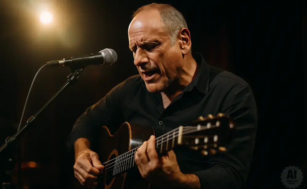 An older man with a bald head sings and plays an acoustic guitar on stage, lit by a spotlight.