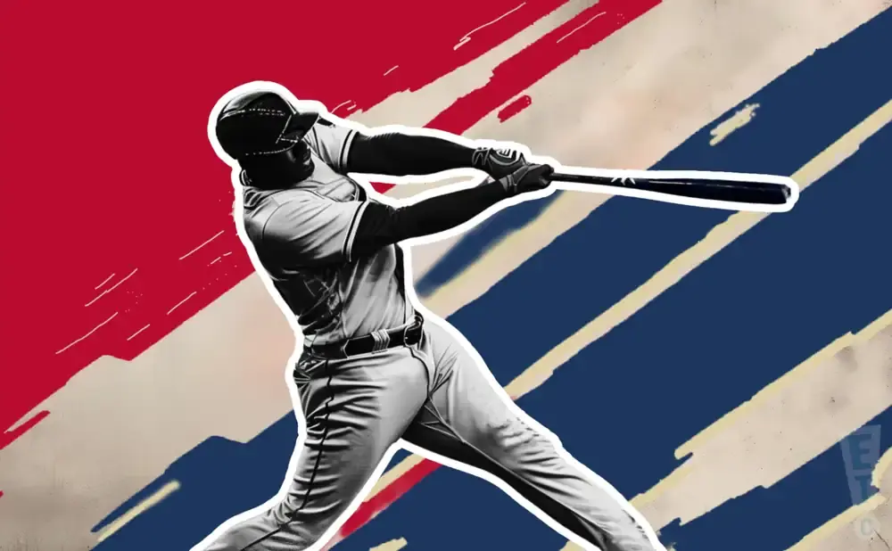 Baseball player swings bat against a red, white, and blue abstract background.