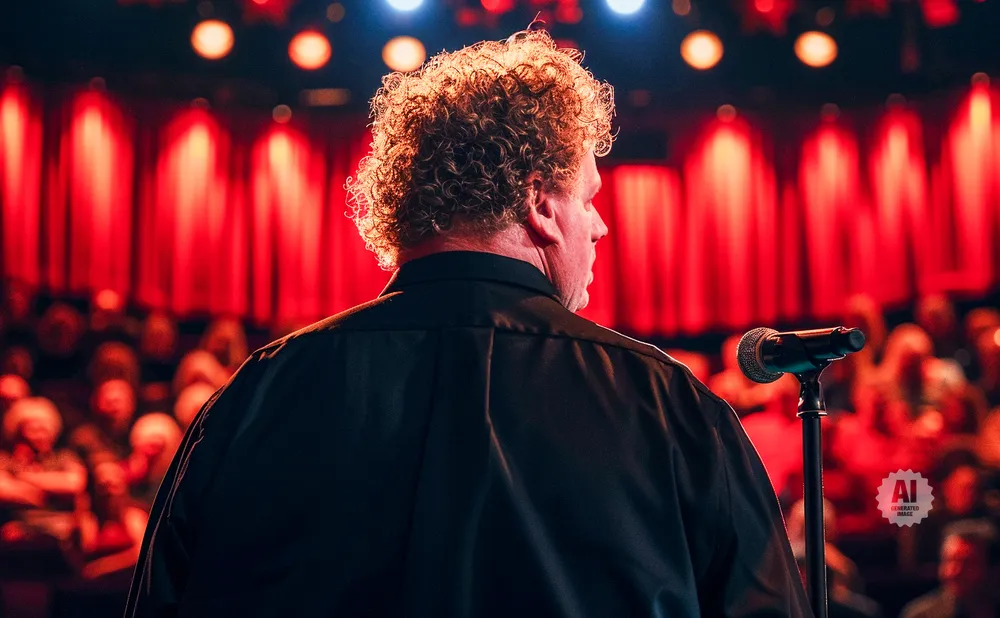 A man with curly hair stands on stage with a microphone in front of a red curtain and blurred audience.