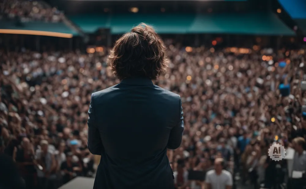 Back view of a person in a suit on a stage facing a large, blurred crowd at an outdoor event.