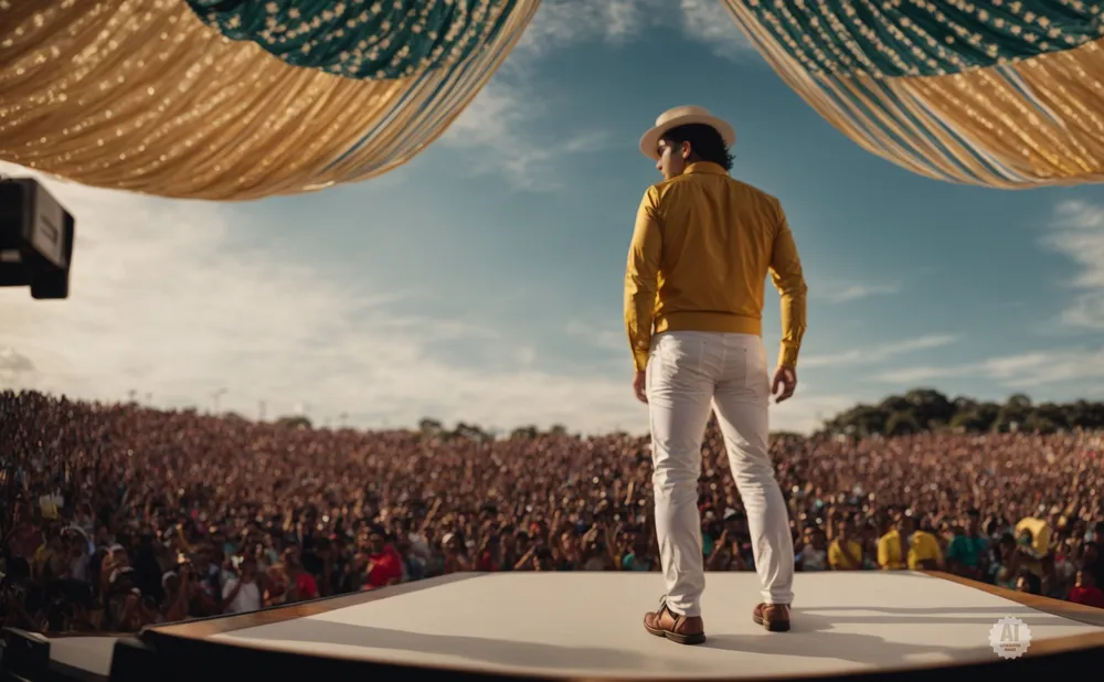 A performer in a yellow shirt and white pants stands on stage, facing a large, blurred crowd under a canopy.