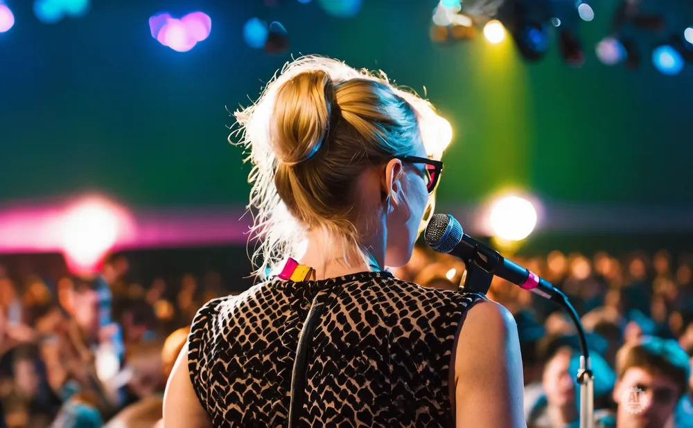 A woman with blonde hair in a bun speaks into a microphone on a stage in front of a blurred audience.