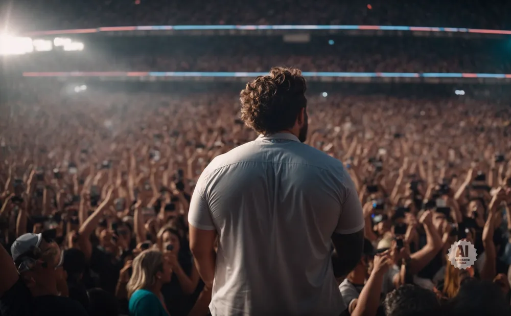 Man in a grey shirt faces a large crowd of people at a concert, many holding up phones.