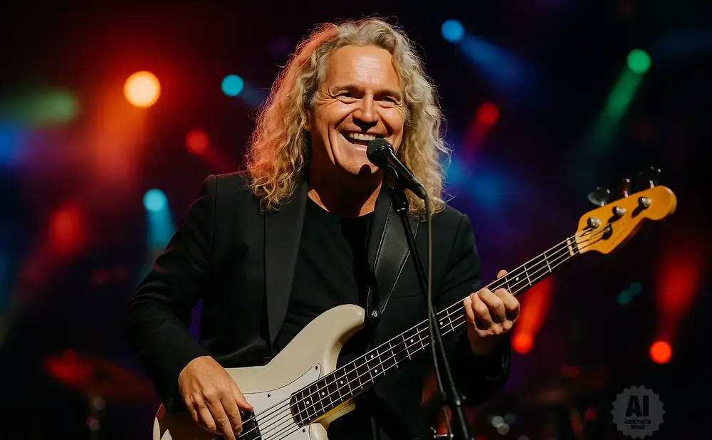 A smiling male bassist with long blonde hair plays a light-colored bass guitar on stage with colorful lights in the background.