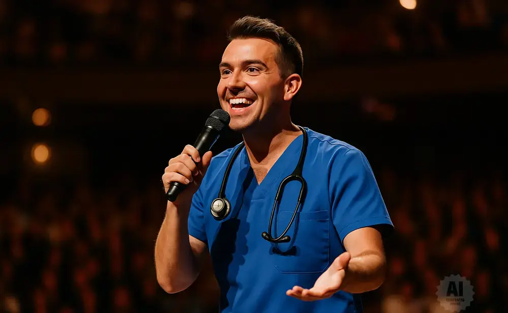 A man in blue scrubs and a stethoscope smiles and speaks into a microphone.