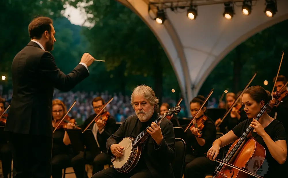 An orchestra conductor leads musicians playing various instruments, including a banjo, violins, and cello, outdoors.