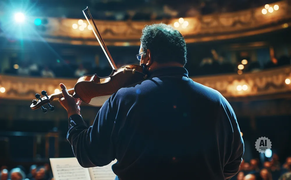A violinist plays on a stage, facing away from the camera, with the audience blurred in the background.